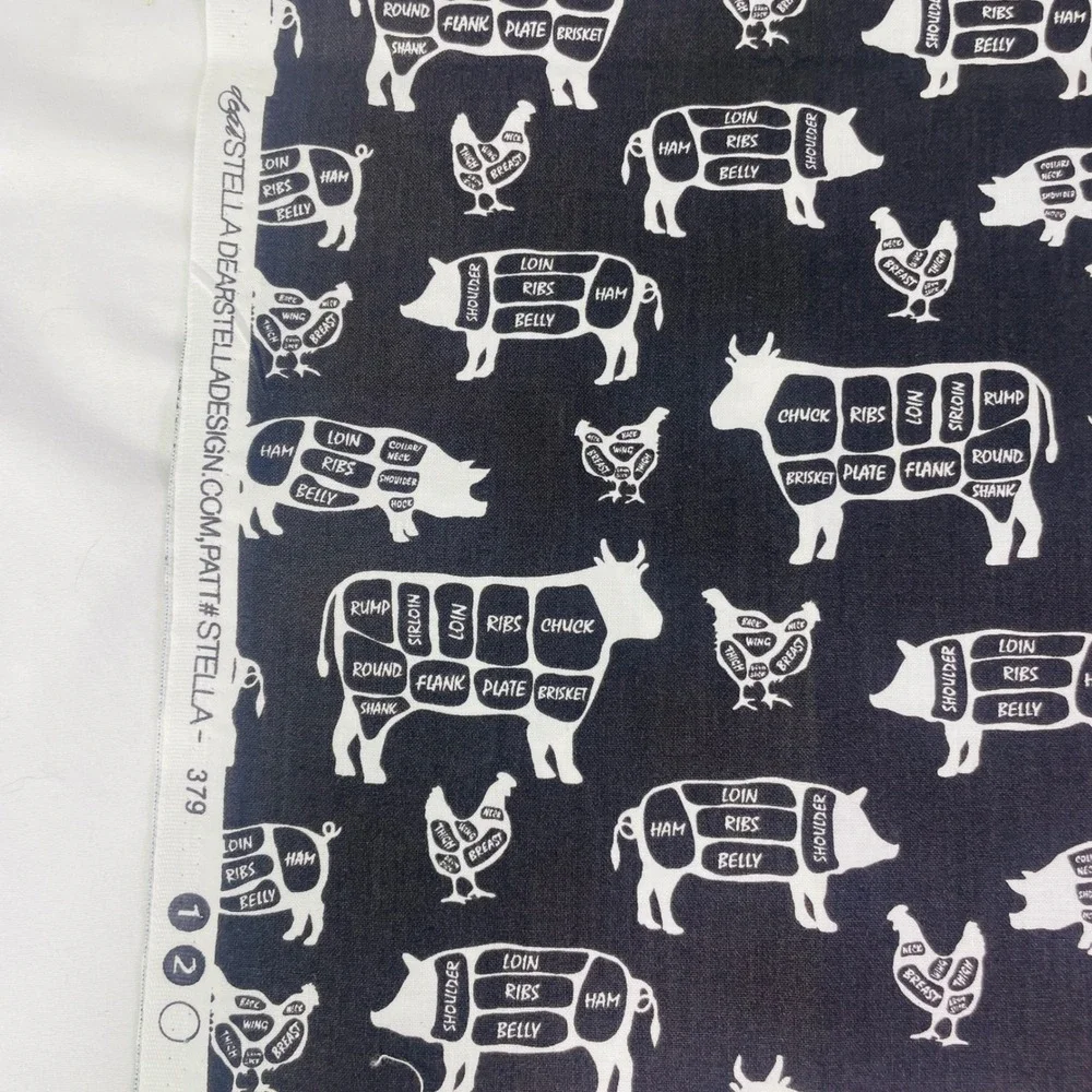 Dear Stella Stella-379 Butcher Chart Pig Meat Cuts Cotton Fabric Half Yard 19x43